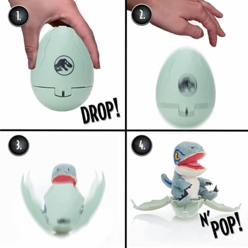 Jurassic World Drop n Pop Blue Velociraptor Dinosaur Pop-up Egg Plush Toy WOW! Stuff, 1 unit