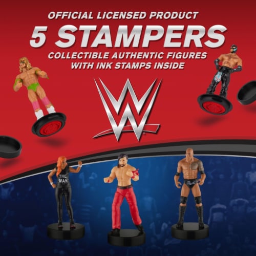 WWE Wrestler Stampers 5pk The Rock Mysterio Becky Lynch Ultimate Warrior PMI International Perspective: back