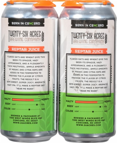 Twenty-Six Acres Brewing Company Reptar Juice IPA Perspective: back