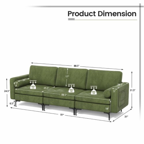 Upholstered Modular 3-Seater Sectional Sofa Couch w/ 2 Bolsters USB Ports & Socket Perspective: back