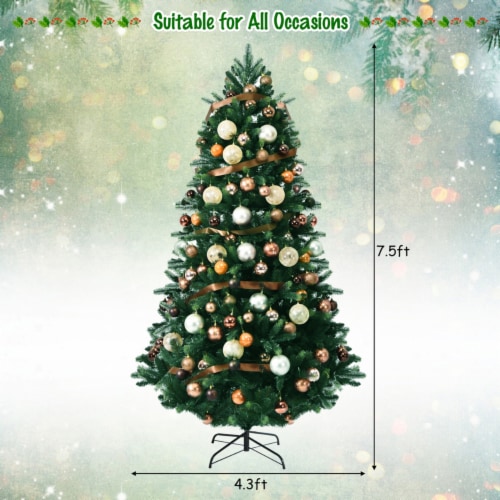 Gymax 7.5 ft Pre-Lit Hinged Christmas Tree Artificial Xmas Tree w/ 100pcs Ornaments Perspective: back