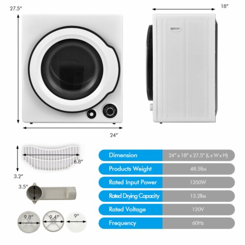 13.2 lbs Electric Tumble Compact Laundry Dryer Stainless Steel Tub 1350 W Perspective: back