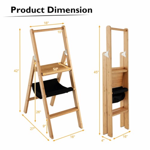 3 Step Ladder Foldable Bamboo Step Stool 330Lbs Capacity with Tool Storage Bag Perspective: back