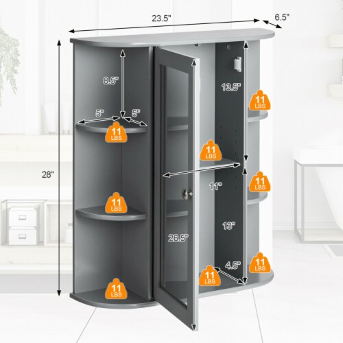 Bathroom Cabinet Single Door Shelves Wall Mount Cabinet W/ Mirror Grey Perspective: back