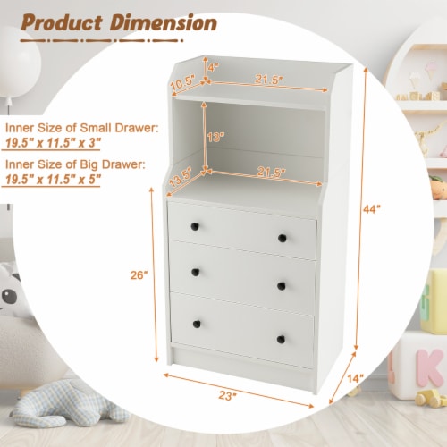 3 Drawer Dresser 44 Tall Wood Storage Organizer Chest w 2 Open