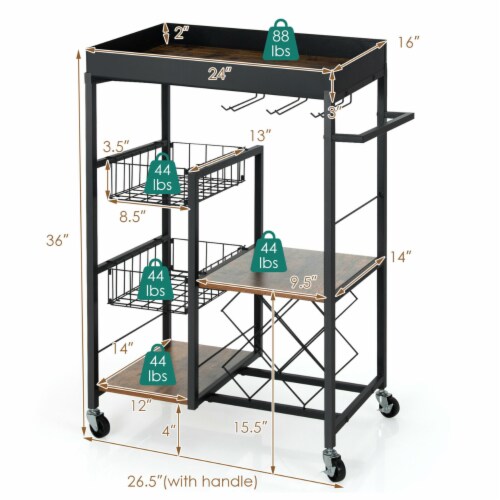 4-Tier Kitchen Bar Cart Rolling Serving Trolley Wine Rack Removable Tray Basket Perspective: back