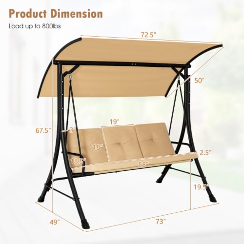 3 Person Patio Porch Swing Outdoor Swing Chair w/ Cushions & Adjustable