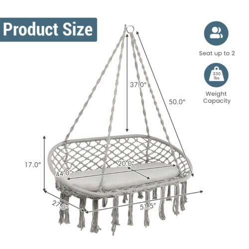 2 Person Hanging Hammock Chair w/ Cushion Macrame Swing 330 lbs Capacity Grey Perspective: back
