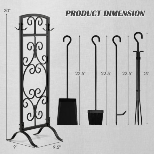 5 Piece Fireplace Tools Wrought Iron Firewood Toolset with Decor Holder