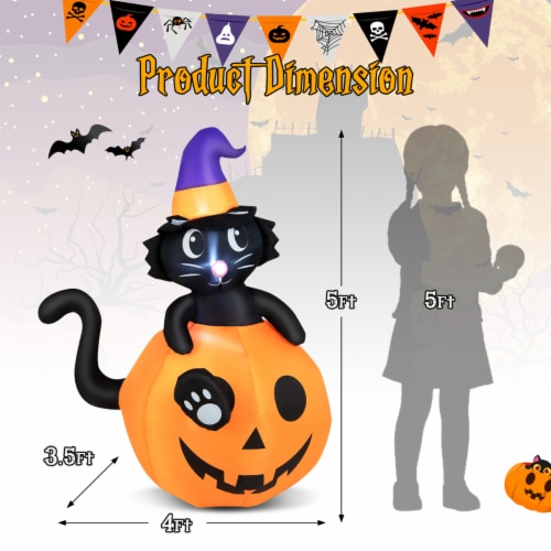 5FT Inflatable Halloween Decor Pumpkin with Witch's Black Cat w/ LED & Sandbags Perspective: back