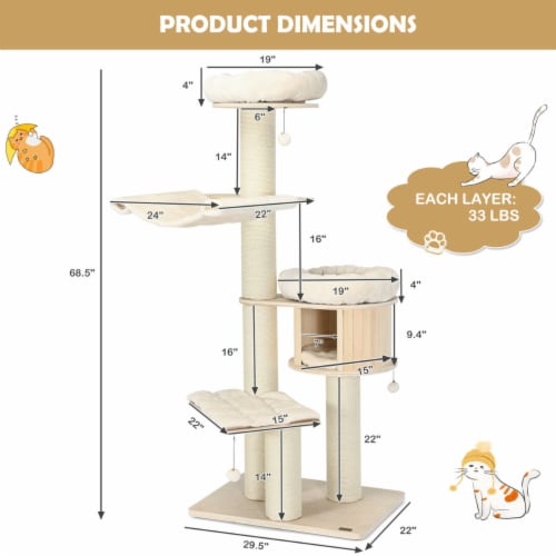 68.5'' Cat Tree Condo 4-Layer Wooden Kitten Activity Tower w/ Sisal Posts Perspective: back