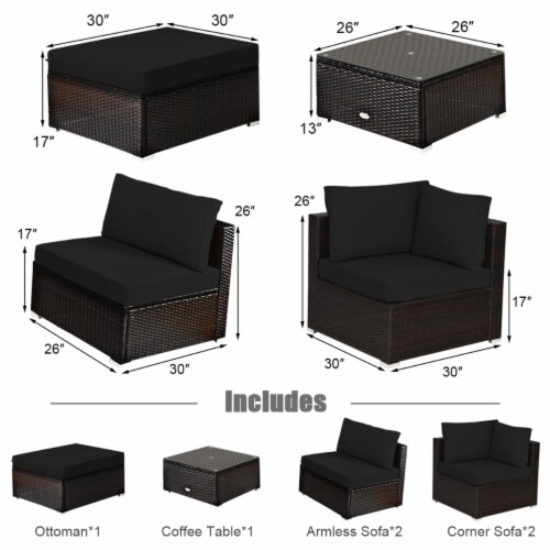 Gymax 6PCS Rattan Patio Sectional Sofa Set Outdoor Furniture Set w/ Black Cushions Perspective: back