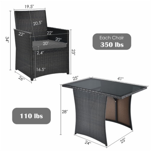 3PCS Patio Wicker Bistro Set PE Rattan Dining Table Set w/ Grey Cushions Perspective: back
