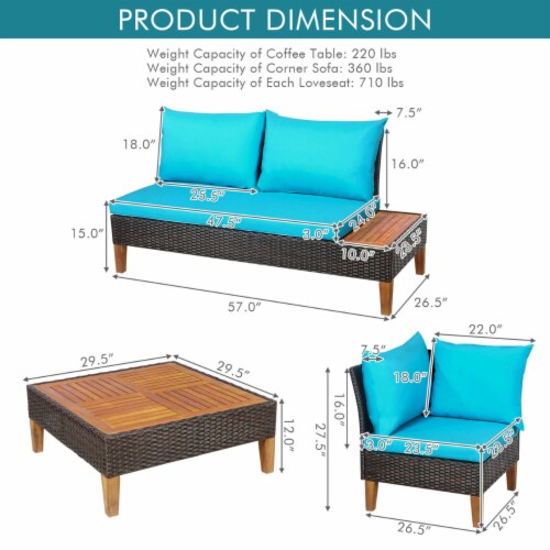 4PCS Acacia Wood Patio Furniture Set Rattan Conversation Set w/ Turquoise Cushions Perspective: back