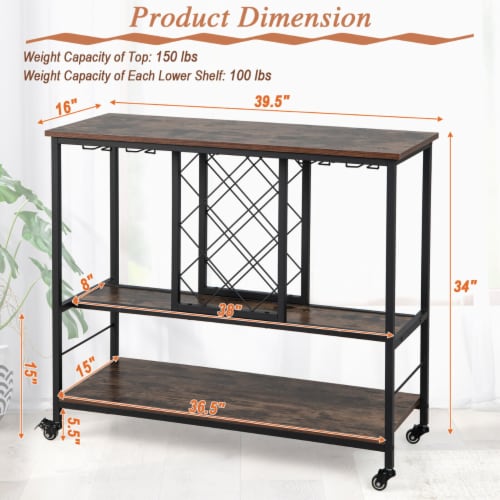 Modern Rolling Bar Cart With Wine Rack & Glass Holder