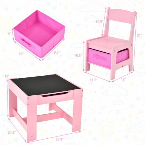 3 in 1 Kids Wood Table Chairs Set w/ Storage Box Blackboard Drawing Pink Perspective: back