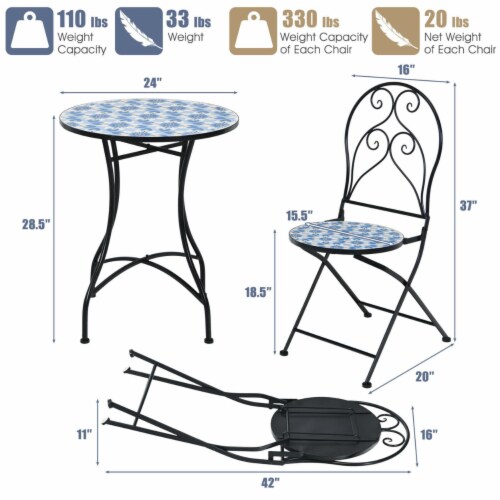 3PCS Mosaic Patio Bistro Set Conversation Set w/ Folding Chairs & Round Table Perspective: back