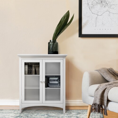 Elegant Home Fashions Wooden Bathroom Floor Storage Cabinet Space Saver w/ Glass Doors White Perspective: back