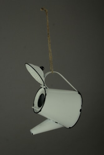 White Enamel Metal Rustic Tea Kettle Decorative Outdoor Hanging Birdhouse Small Perspective: back