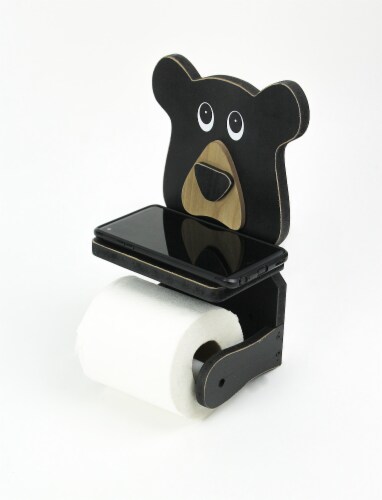 Whimsical Hand Painted Black Bear Wooden Toilet Paper Roll Holder With Phone Shelf Perspective: back