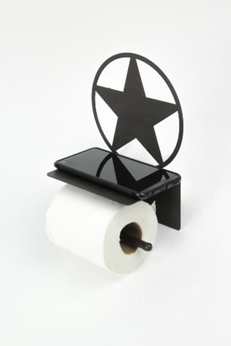 Rustic Brown Painted Metal Western Star Toilet Paper Roll Holder With Phone Shelf Perspective: back