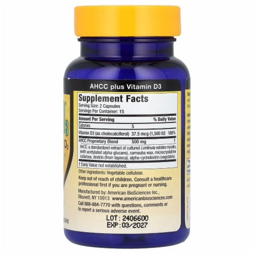 American Biosciences ImmPower® D3 AHCC® Plus Vitamin D3 - 30 Vegetarian Capsules Perspective: back