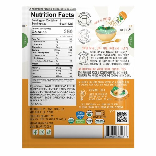 BeanVIVO 3-Pack Salad Protein Booster, Organic Lentils & Quinoa with Garlic & Herbs, 5oz Pouc Perspective: back