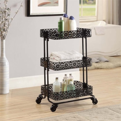 Pemberly Row 3 Tier Metal Serving Cart in Distressed Glossy Black Perspective: back