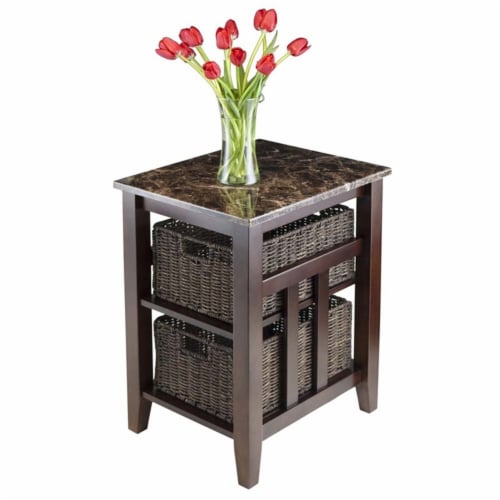 Pemberly Row Faux Marble Top Side Table in Chocolate with 2 Baskets Perspective: back