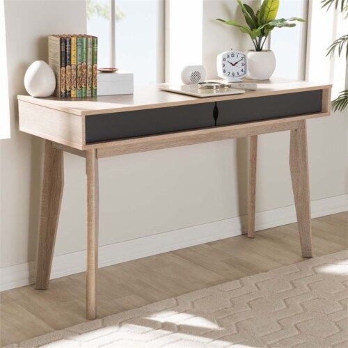 Hawthorne Collection 2 Drawer Wood Study Desk in Light Brown and Gray Perspective: back