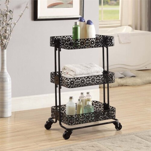 Riverbay Furniture 3 Tier Metal Serving Cart in Distressed Glossy Black Perspective: back