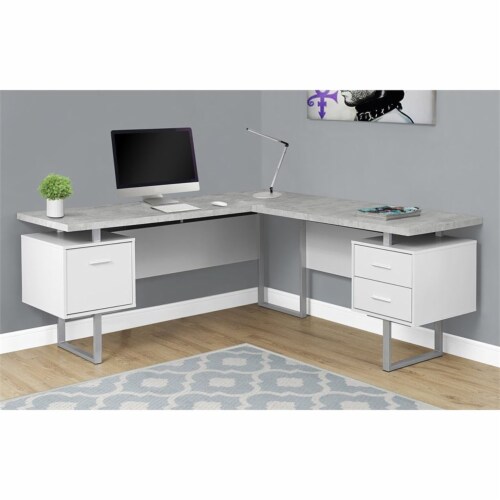 Levan Home L Shaped Corner Computer Desk in White and Gray Cement Perspective: back