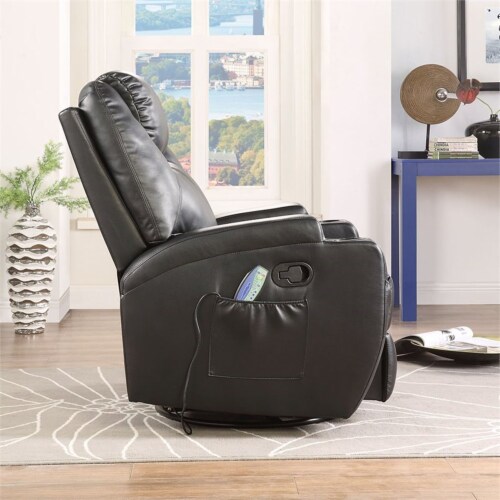 Bowery Hill Faux Leather Massage Rocker Recliner with Swivel Base in Black Perspective: back