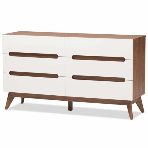 Levan Home Modern 6 Drawer Double Dresser in White and Walnut Perspective: back