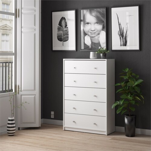 Levan Home Contemporary 5 Drawer Engineered Wood Chest/Bedroom Dresser in White Perspective: back