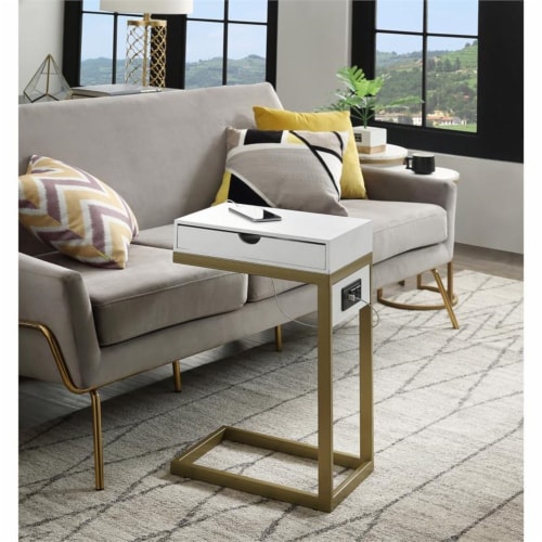 Phoenix End Tables White And Gold 2 USB Charging Ports 2 Outlets