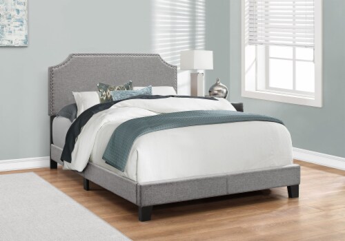 Bed, Full Size, Platform, Bedroom, Frame Linen Look, Wood Legs, Grey, Chrome, Transitional Perspective: back