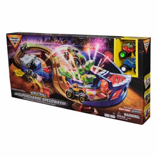 Monster Jam Supercharge Speedway & Monster Trucks Light Up World Finals Track Playset Perspective: back