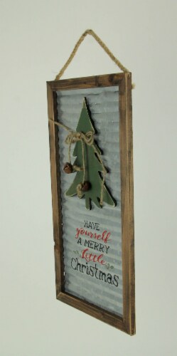 Wood Framed Metal Rustic Merry Little Christmas Tree Seasonal Decor Wall Hanging Perspective: back