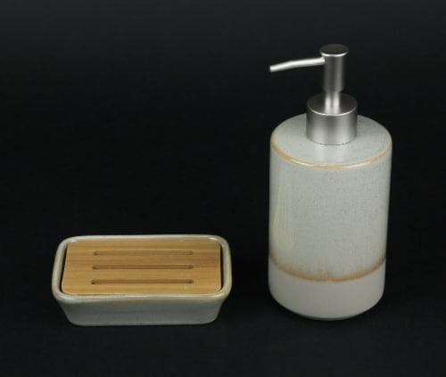 Taupe Ceramic Soap Dish and Lotion Dispenser Kitchen / Bath Accessory Set Perspective: back