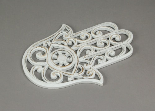 Set of 2 Hand Carved White Wood Hamsa Wall Hangings Plaques 11.75 Inches High - White Perspective: back