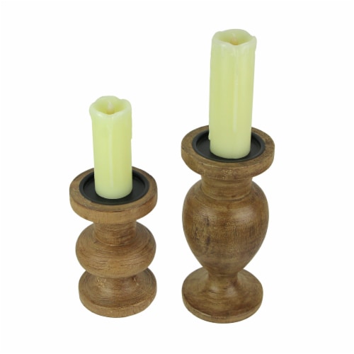 Set of 2 Turned Wood and Metal Pedestal Pillar or Votive Candle Holders Perspective: back