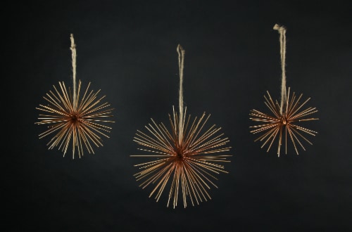 Brass Finish Metal Bursting Star Decorative Hanging Ornaments Set of 3 Rope Hangers Perspective: back