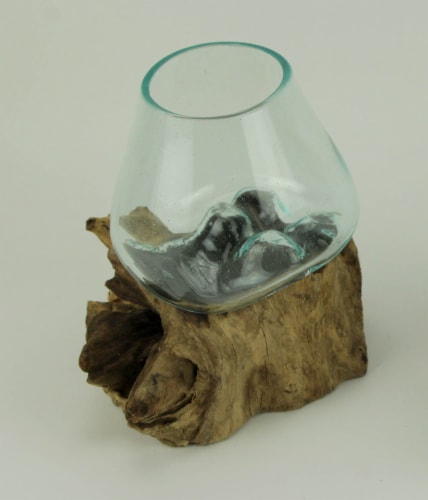 Clear Molten Glass On Teak Driftwood Base Decorative Bowl Vase Terrarium Planter Perspective: back