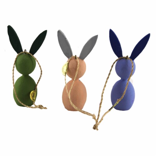 Holiday Ornament Springtime Rabbits Wood Easter Bunny Painted Ro2100 Blue Perspective: back