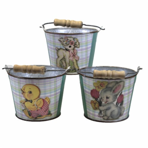 Easter Happy Easter Buckets Set / 5 Tin Basket Decorate Retro Duck Lamb 105052 Perspective: back