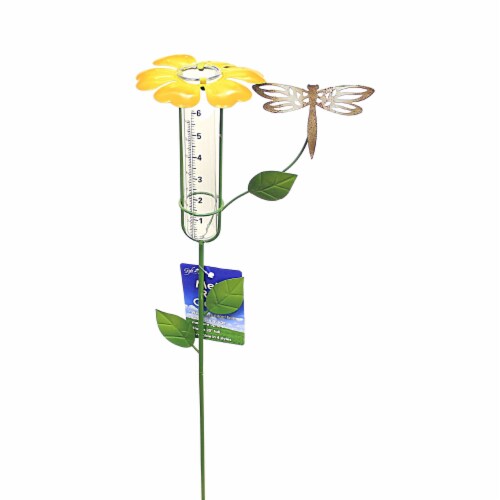 Home & Garden Flower Top Rain Guage Metal Yard Decor Stake Ge410 Yellow Perspective: back