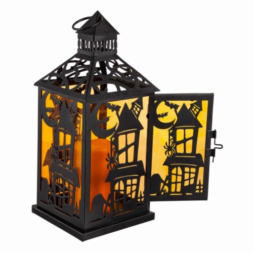 Halloween Led Metal Lantern Metal Stacked Pumpkin Haunted House 8Led593 House Perspective: back