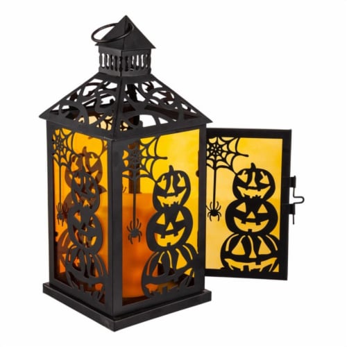 Halloween Led Metal Lantern Metal Stacked Pumpkin Haunted House 8Led593 Pumpkin Perspective: back