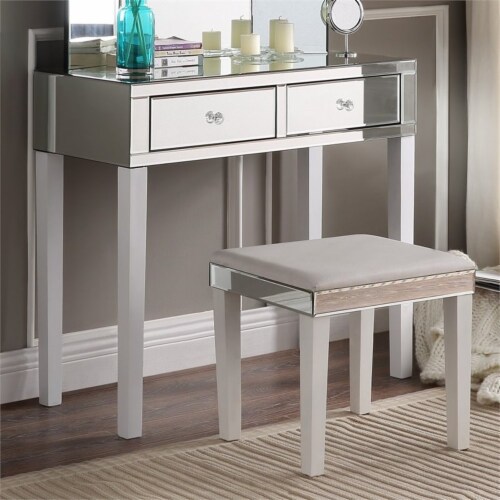 Caleb Mirrored White Vanity Set - 2 Drawers - 2 Piece Set in White - Posh Living Perspective: back